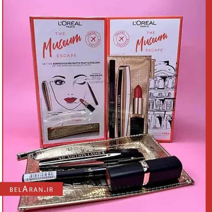 ست میکاپ لورال-محصولات لورال-لوازم آرایش اورجینال-بلاران L'Oreal Paris Museum Escape Set (mascara/10.7ml + eye/liner/1ml + lip/stick/4.5ml + bag)-belaran