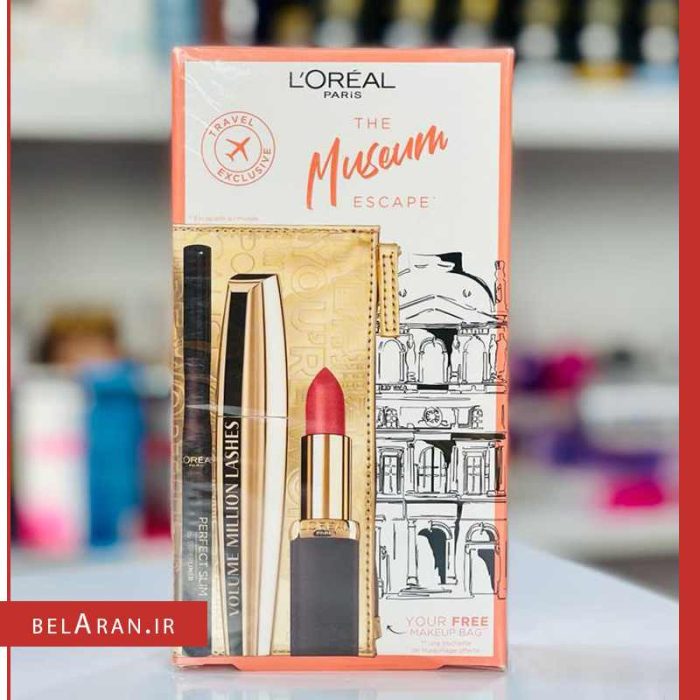 ست میکاپ لورال-محصولات لورال-لوازم آرایش اورجینال-بلاران L'Oreal Paris Museum Escape Set (mascara/10.7ml + eye/liner/1ml + lip/stick/4.5ml + bag)-belaran