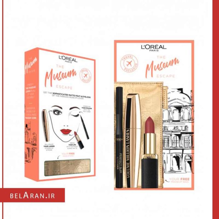 ست میکاپ لورال-محصولات لورال-لوازم آرایش اورجینال-بلاران L'Oreal Paris Museum Escape Set (mascara/10.7ml + eye/liner/1ml + lip/stick/4.5ml + bag)-belaran