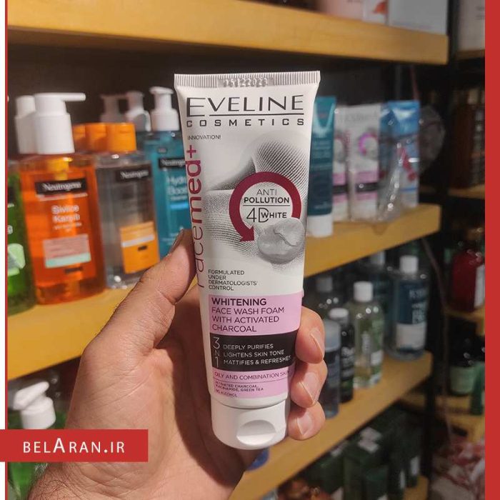 فوم شستشو زغال اولاین-محصولات اولاین-خرید لوازم آرایش اورجینال-بلاران EVELINE Facemed ANTI POLLUTION Whitening Face Wash Foam With Charcoal belaran