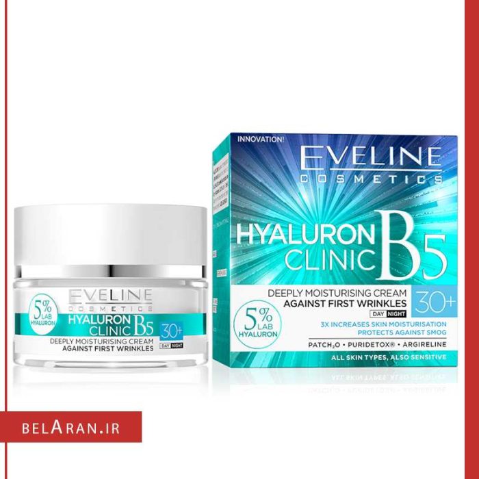کرم آبرسان هیالورون اولاین-محصولات اولاین-خرید لوازم آرایش اورجینال-بلاران Eveline Cosmetics Hyaluron Clinic B5 +30 Deeply Moisturising Cream Against First Wrinkles concentrate Cream belaran