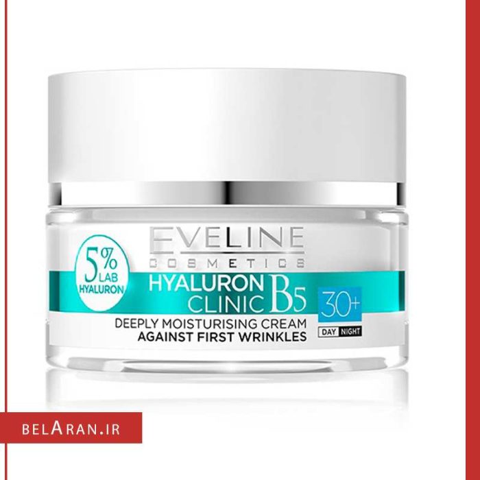 کرم آبرسان هیالورون اولاین-محصولات اولاین-خرید لوازم آرایش اورجینال-بلاران Eveline Cosmetics Hyaluron Clinic B5 +30 Deeply Moisturising Cream Against First Wrinkles concentrate Cream belaran