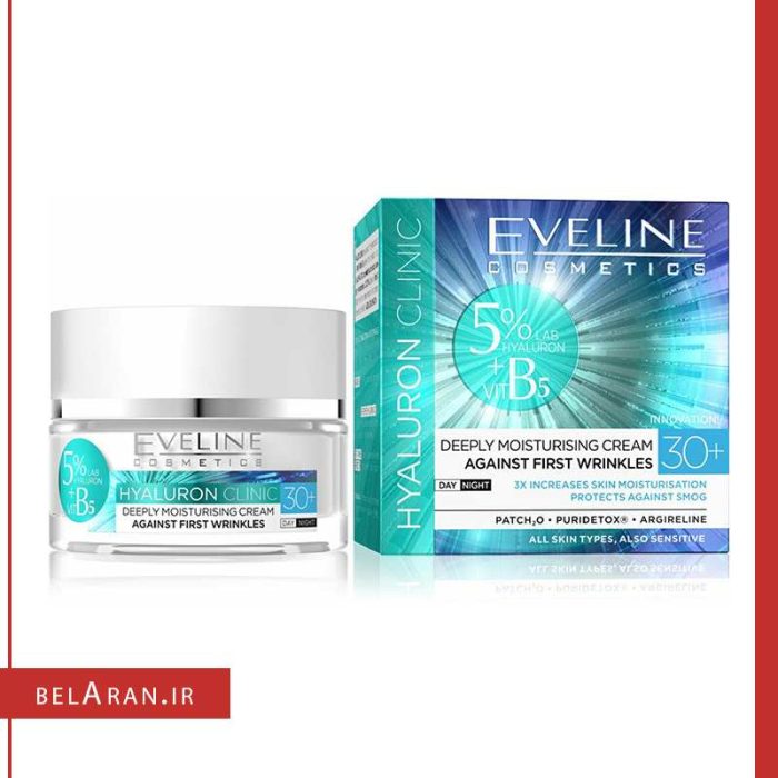 کرم آبرسان هیالورون اولاین-محصولات اولاین-خرید لوازم آرایش اورجینال-بلاران Eveline Cosmetics Hyaluron Clinic B5 +30 Deeply Moisturising Cream Against First Wrinkles concentrate Cream belaran